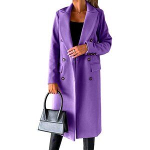 🆕Womens Purple Long Wool Coat Double Breasted Trench Coat Fall Winter Clothes